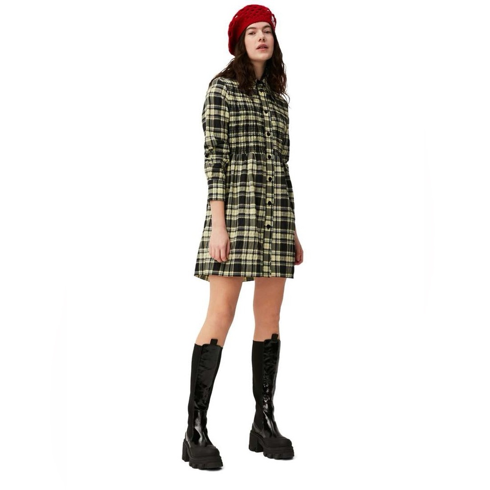 BNWT Ganni Seersucker Check Smocked Shirt Dress Size 4 (36)